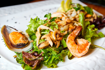 Mussel, shrimp and squid salad. Close-up, selective focus