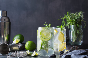 Hard seltzer cocktails with lime and lemon and bartenders accessories