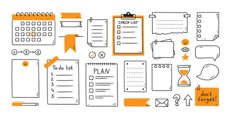 Hand drawn memo paper sheets, sticky note, reminder, to do list, calendar. Bullet journal elements in doodle style. Vector illustration in white background. © Elena Pimukova