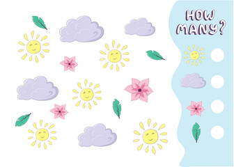 Counting game for preschool kids. Educational math game. Count how many sun, cloud, leaves and flowers there are and write down the result. Vector illustration in cartoon style

