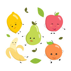 Cute fruits icon set, with faces, arms and legs - lemon, apple, pear, banana, orange. Kawaii design. Vector illustration in cartoon style. 