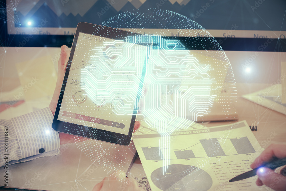 Poster double exposure of man's hand holding and using a digital device and brain hologram drawing. data co