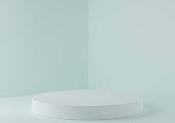 Mock up stand podium for product presentation and show, blue background, minimal circle shape 3d rendering, 3d illustration