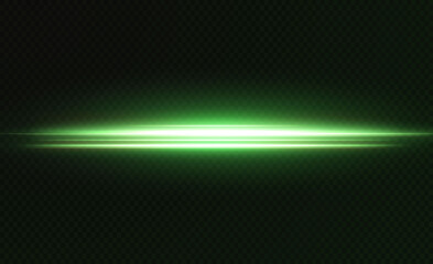 Green horizontal lens flares pack. Laser beams, horizontal light rays.Beautiful light flares. Glowing streaks on dark background. Luminous abstract sparkling lined background.	