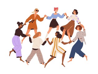 Group of diverse happy women dancing in circle, holding hands together. Concept of feminist community, sisterhood and woman solidarity. Colored flat vector illustration isolated on white background