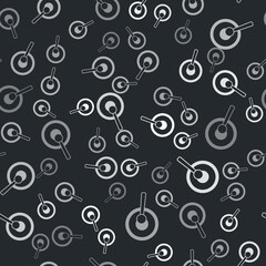 Grey Gong musical percussion instrument circular metal disc and hammer icon isolated seamless pattern on black background. Vector