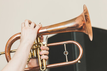 Fototapeta na wymiar Flugel horn in hands, close-up photo