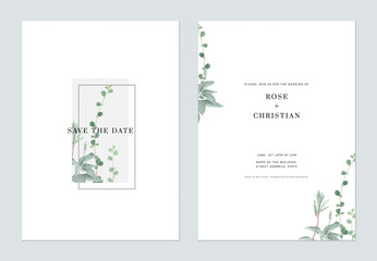 Minimalist foliage wedding invitation card template design, various leaves bouquet on white