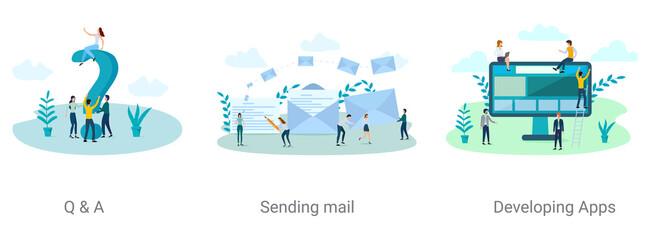 Q & A, Sending mail,Developing Apps.A set of vector illustrations on the topic of business.Abstract illustrations.