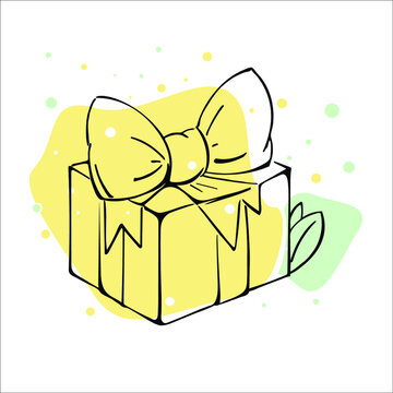 Gift bpx with ribbon. Doodle cartoon style. For postcard, flyers, sale, shop of gifts, flowers, toys. Vector, EPS10.