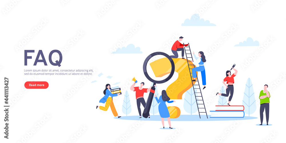 Poster q and a or faq concept with tiny people characters, big question mark, frequently asked questions te