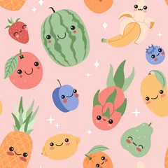 Foto auf Glas Funny cute baby fruits with smiling face cartoon seamless pattern. Kawaii tropical food repeat pink background. Magic stars, exotic characters in flat doodle style. Modern trendy vector illustration © Alice