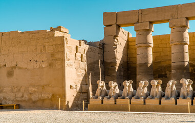 Columns and sphinxes inside Karnak Temple in Luxor - the largest temple in Egypt