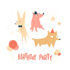 Birthday party card with cool dogs. Cute pets in festive hats and bow. Balloons, stars, crazy animals holiday. Kids print, celebration invitation, contemporary vector illustration.