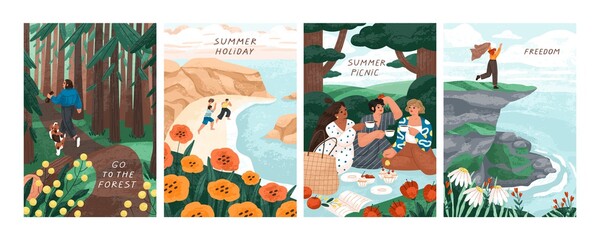 Card set with scenes of people at summer holidays in nature. Vertical postcards with happy women on picnic outdoors, walking in forest with dog and traveling to sea. Colored flat vector illustration