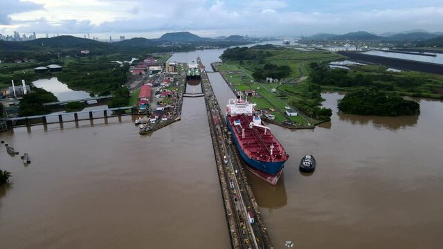 Beautiful cinematic aerial footage of the Panama Canal and the Miraflores Locks