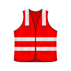 Safety reflective vest icon sign flat style design vector illustration. Red colored fluorescent security safety work jacket reflective stripes. Front view road uniform vest isolated white background.