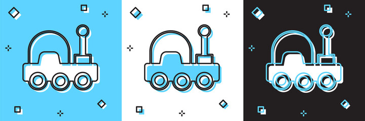 Fototapeta premium Set Mars rover icon isolated on blue and white, black background. Space rover. Moonwalker sign. Apparatus for studying planets surface. Vector