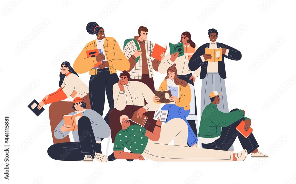 Poster young modern people reading books together. crowd of readers. group portrait of multiracial students