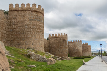 Fototapeta na wymiar Majestic view of Ávila city Walls & fortress, full around view at the medieval historic city