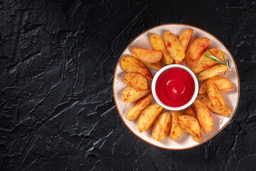 Baked potato wedges with copy space, shot from the top on a black background
