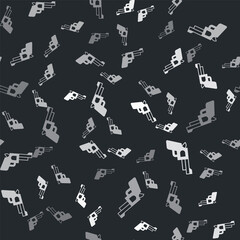 Grey Pistol or gun icon isolated seamless pattern on black background. Police or military handgun. Small firearm. Vector