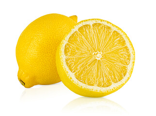one whole lemon and one half on white isolated background
