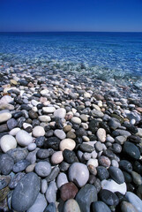 The pebble beach of Giosonas on the north coast of the Greek island of Chios in the North Aegean