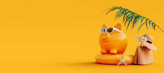 Piggy bank with sunglasses and summer accessories ready for vacation on yellow background 3D...
