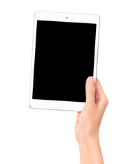 one female hand holding digital tablet on white isolated background