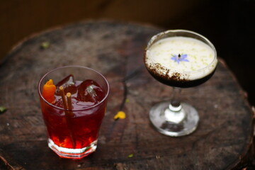 Cocktails outside on log table