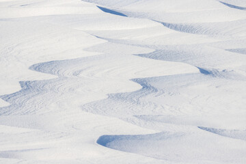 Beautiful winter background with snowy ground. Natural snow texture. Wind sculpted patterns on snow surface. Arctic, Polar region.