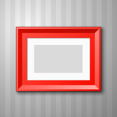 Vertical Photo frame with paper passepartout for picture hanging on wall with striped wallpaper background. Wood picture frame