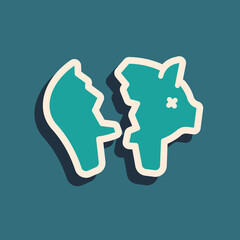 Green Broken piggy bank icon isolated on green background. Icon saving or accumulation of money, investment. Long shadow style. Vector