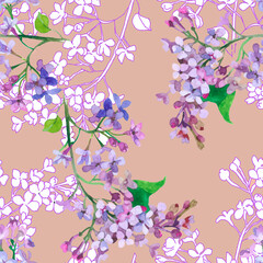 Lilac flowers branches watercolor and graphics on beige background seamless pattern for all prints.