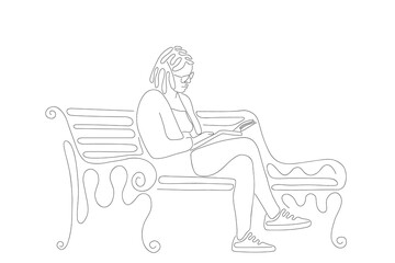 Woman reads book on park bench. Vector line art illustration. Modern minimalistic style.