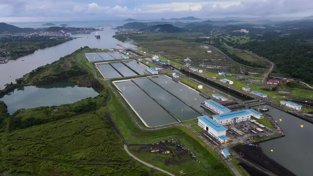 Beautiful cinematic aerial footage of the Panama Canal and the Miraflores Locks