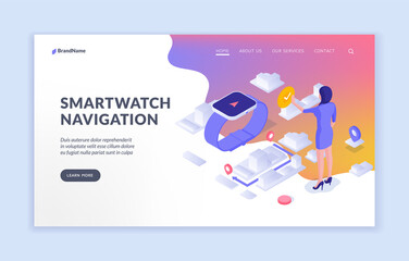 Smart watch with navigation app. Finding right address online with wrist device. Touch interface associated with smartphone. Web routing and virtual map. Vector isometric landing page