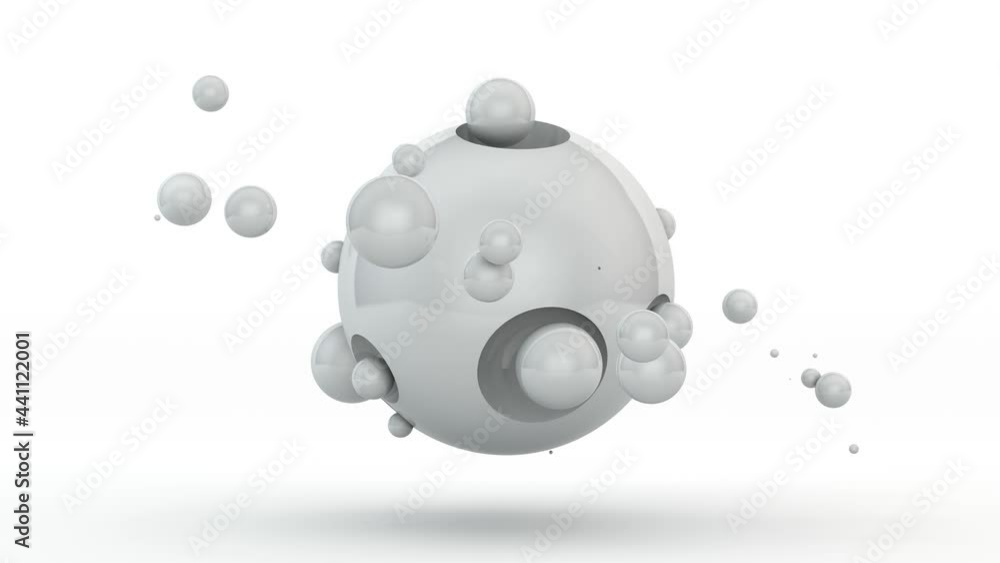 Poster loop 3d animation of a white sphere with small balls. balls fly around the sphere. white objects, is