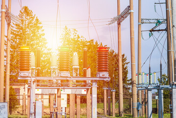 High voltage power transformer,generator electric in substation.high-voltage substation with...