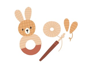 Pom-pom animal toy, yarn, threads and crochet hook. Process of making cute pompom bunny. Composition with handwork and handicraft accessories. Flat vector illustration isolated on white background