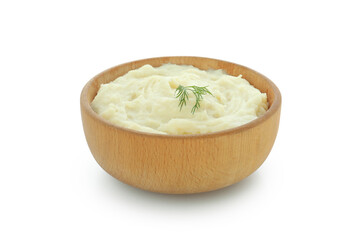 Bowl of mashed potatoes isolated on white background