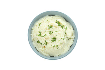 Bowl of mashed potatoes isolated on white background