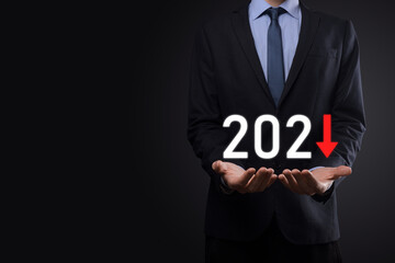 Plan business negative growth in year 2021 concept. Businessman plan and increase of negative...