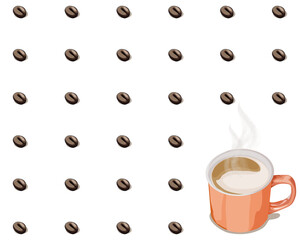 A cup of coffee and coffee beans on white background. Food and drink vector illustration. Close up hand drawing. 