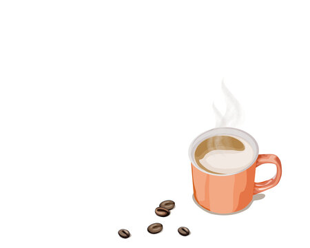 Isolated a cup of coffee and some of coffee beans on white background. Food and drink vector illustration. Close up hand drawing. 