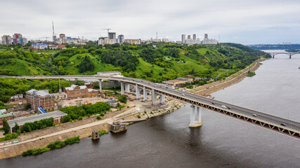 Fototapeta na wymiar Nizhny Novgorod. Oka River. View of the Metro bridge. Aerial view.