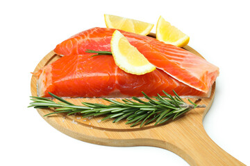 Board with fresh raw salmon isolated on white background