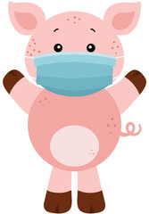 Cute pink pig wearing face mask