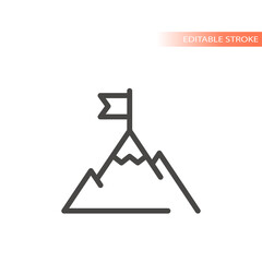 Mountain top or peak with flag line vector icon. Business achievement goal outline, editable stroke.